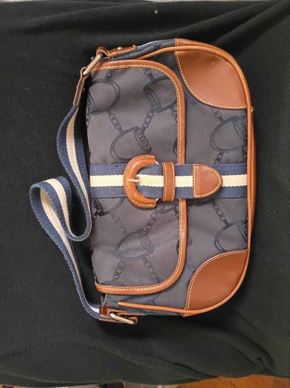 Chaps Navy, Cream & Tan Signature Buckle Hobo with Striped Strap